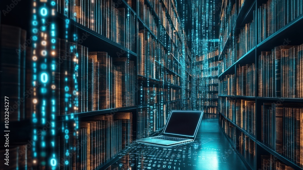 Poster digital library with books and laptop computer in a futuristic setting, highlighting data visualizat