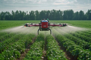 Drone spraying pesticide over a field with workers monitoring the process