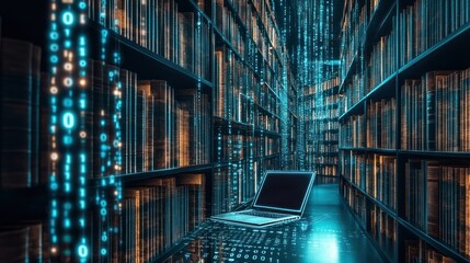 Digital library with books and laptop computer in a futuristic setting, highlighting data visualization and AI-powered information search. Glowing binary code flows across the bookshelves, representi