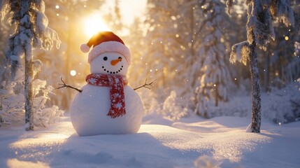 Obraz premium Cute snowman in heavy snow covered wild field at sunrise