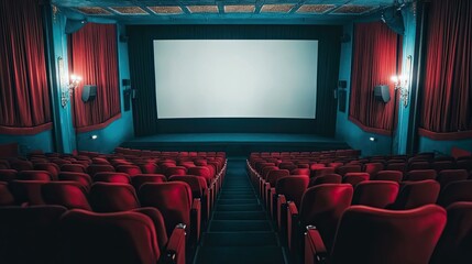 Fototapeta premium Empty Cinema Hall with Red Seats and Blank Screen