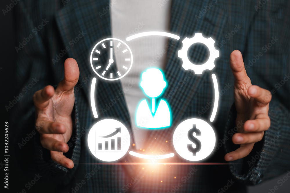 Aufkleber visual representation of project management with digital icons symbolizing efficiency, growth, and f