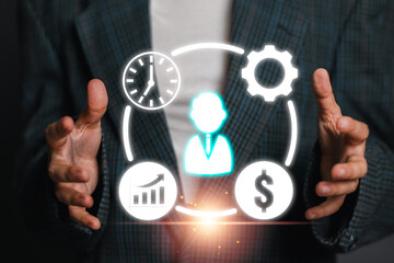 Visual representation of project management with digital icons symbolizing efficiency, growth, and...