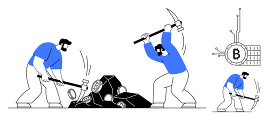 Workers are using pickaxes to break rocks while a Bitcoin symbol connected to a processing chip is shown. Ideal for technology finance cryptocurrencies digital economy blockchain. Cartoon simple style