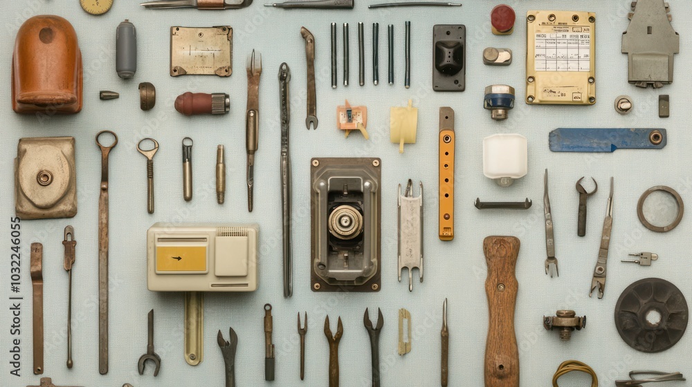 Aufkleber a flat lay of various tools and small mechanical objects on a light blue background.