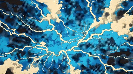 stream of blue lightning strikes, half vintage comic book pattern