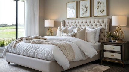 A luxurious bedroom with a tufted headboard, white bedding, and large windows overlooking a green field. The room is decorated in neutral tones with gold accents.