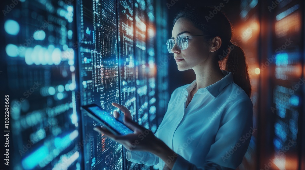 Poster female it specialist working in a data center, using a tablet for cloud computing visualization. the