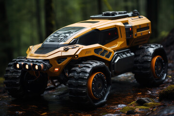 Futuristic off-road truck of the future in the wilderness