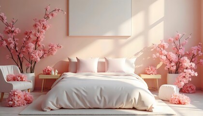 Pink Bedroom with White Bed and Pink Flowers.