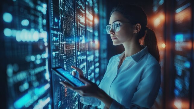 female IT specialist working in a data center, using a tablet for cloud computing visualization. The image captures the high-tech environment where she works, surrounded by servers