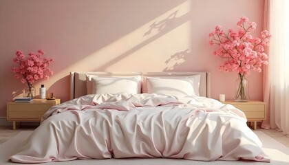 Pink Bedroom Interior with Bed and Flowers.