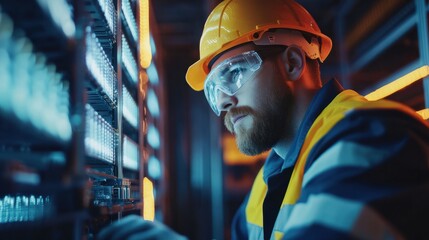Focused Technician: A dedicated IT professional in a hard hat and safety glasses diligently works on a server rack