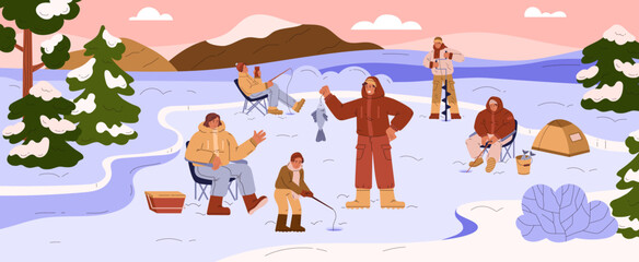 Vector graphics depicting a family enjoying winter fishing on a frozen lake