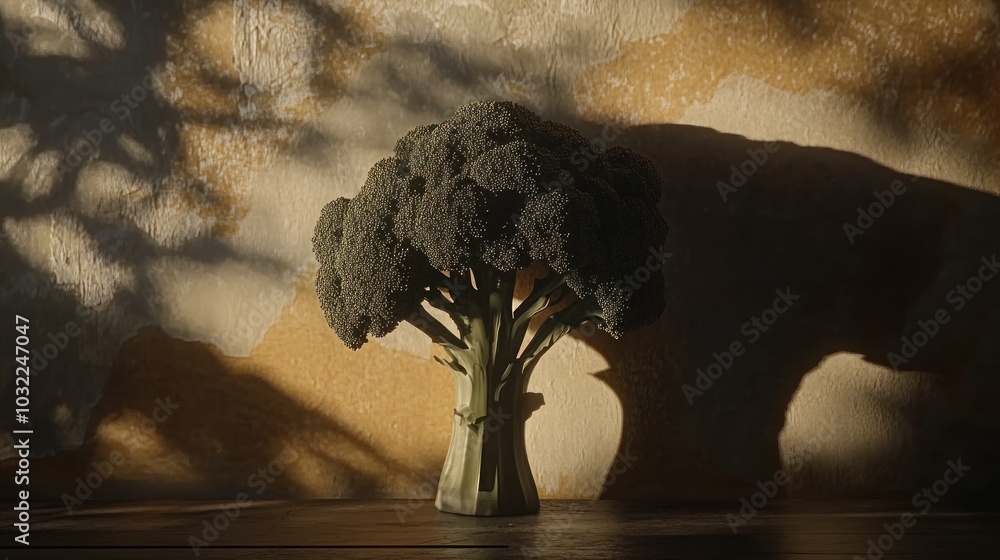 Poster a single broccoli floret stands on a wooden table against a textured background with shadows falling