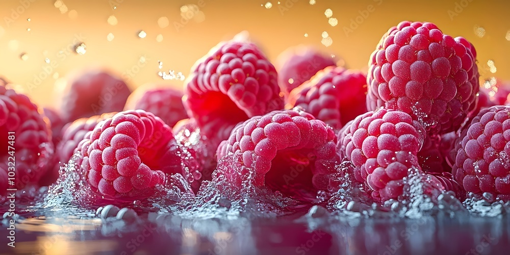 Poster close-up of ripe red raspberries submerged in water, creating a refreshing and vibrant image.