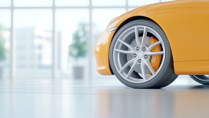 Close-up view of the front wheel and fender of a vibrant orange sports car in a modern showroom setting