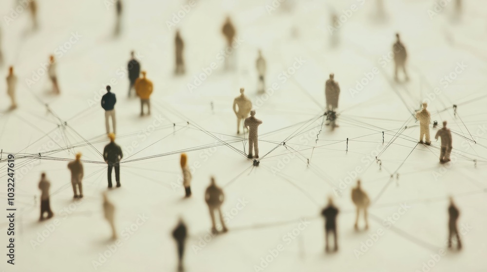 Aufkleber group of simple miniature people shapes connected by thread lines on a simple background. wallpaper 