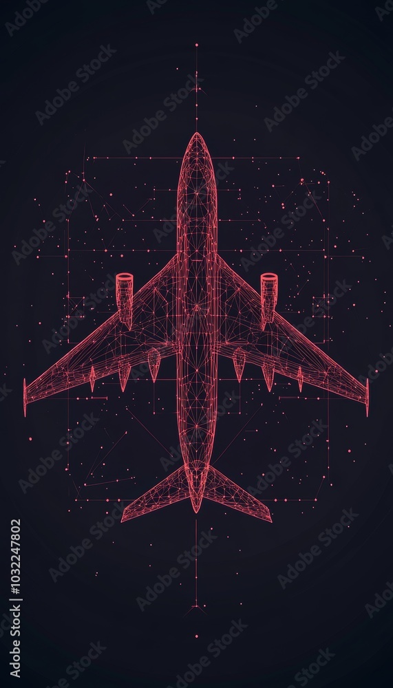 Aufkleber red wireframe airplane on dark background. abstract technology design with geometric lines and dots.