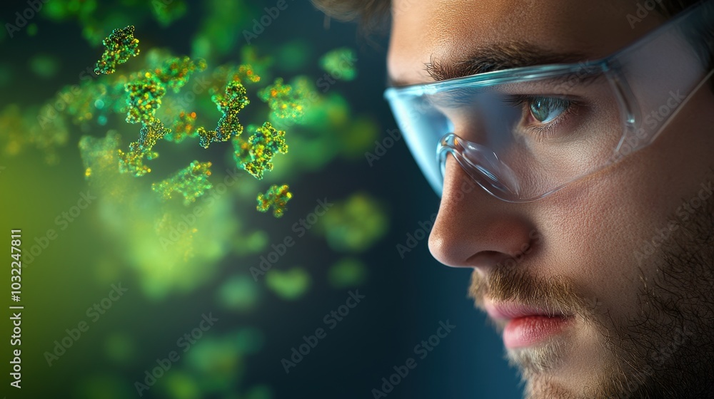 Poster a scientist studying a biochemical reaction using a microscope, highlighting the intricate processes
