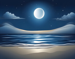 Obraz premium Moonlight reflection on the beach against a dark blue background. 