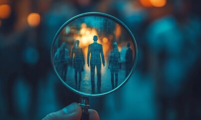 Naklejka premium Magnifier glass of Human Resource Management focus on manager icon among staff icons, symbolic representation of human development, recruitment, leadership, and customer target group, Generative AI