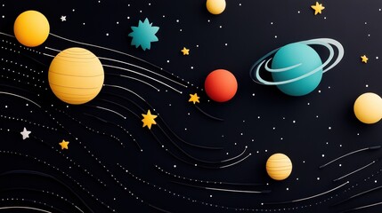 A whimsical depiction of the solar system, illustrating the planets and their orbits.