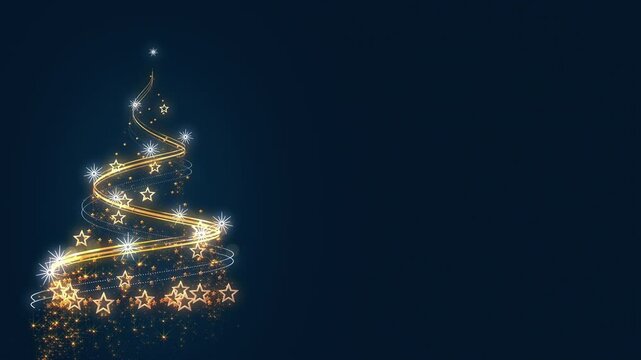 The appearance of a abstract Golden Christmas tree on a dark blue background with copy space and glitter  golden particle .