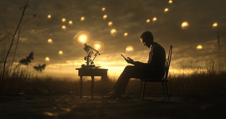 Naklejka premium A person reads a book while sitting in a chair beside a lit desk, surrounded by glowing lanterns at dusk in an open field