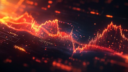 Abstract digital red and orange glowing data waves with flickering particles and bokeh lights.