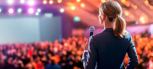 Back view of businesswoman speaking at conference with audience in focus. Conference keynote speaker engaging with large audience. Seminar banner,