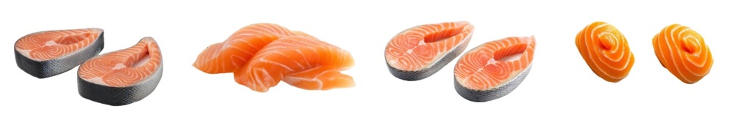 Isolated on white background, two fresh raw salmon steaks in full depth of field
