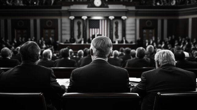 A tense moment during a congressional session featuring numerous politicians and a large crowd in attendance