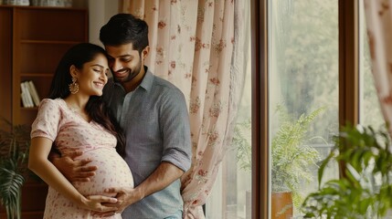 Happy young Indian couple expecting baby. Man, woman stand together, smiling, dressed in casual attire. Woman hand held by man, both looking into distance. Window with curtain, plant in background.
