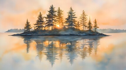 Fototapeta premium Watercolor painting with muted colors, depicting trees on an island in the middle of water, with a reflection and silhouette