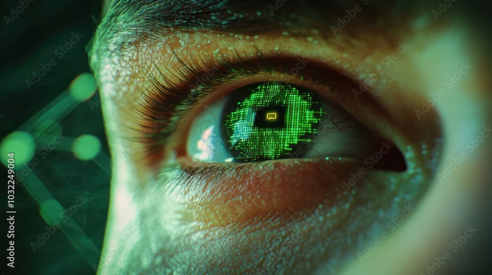 Aufkleber human eye close-up on green tech background, hacker face and digital data pattern. concept of cyber 