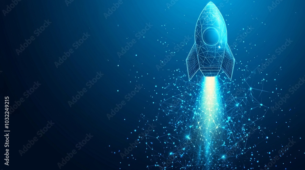 Aufkleber abstract space rocket launch on blue technology background with connected lines and dots