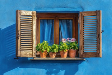 A charming window with wooden shutters, framed by vibrant blue walls and adorned with potted plants, creating a lively outdoor atmosphere.