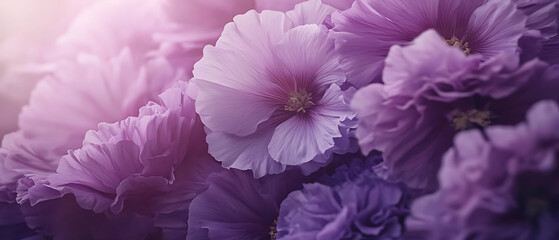 Close-up of soft, purple flowers with sunlight shining through.