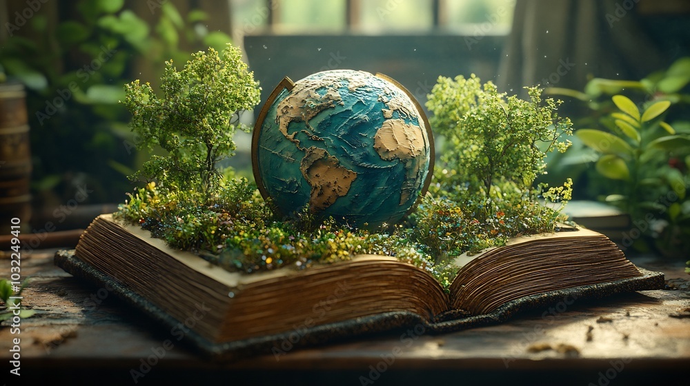 Poster imaginative 3d rendering for world book day showcasing a beautifully detailed book with a globe at i