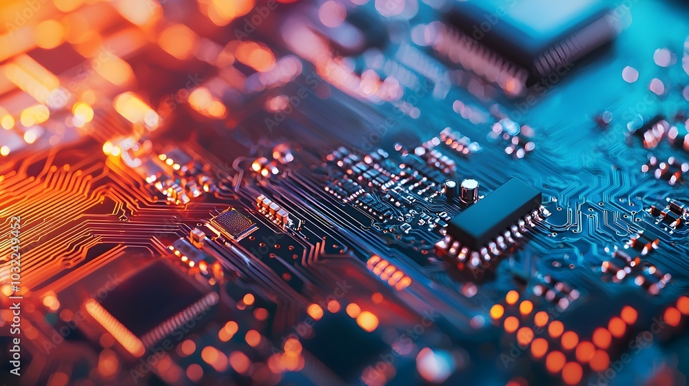 Poster macro close-up of circuit board with exposed electronic components and repair tools in the
