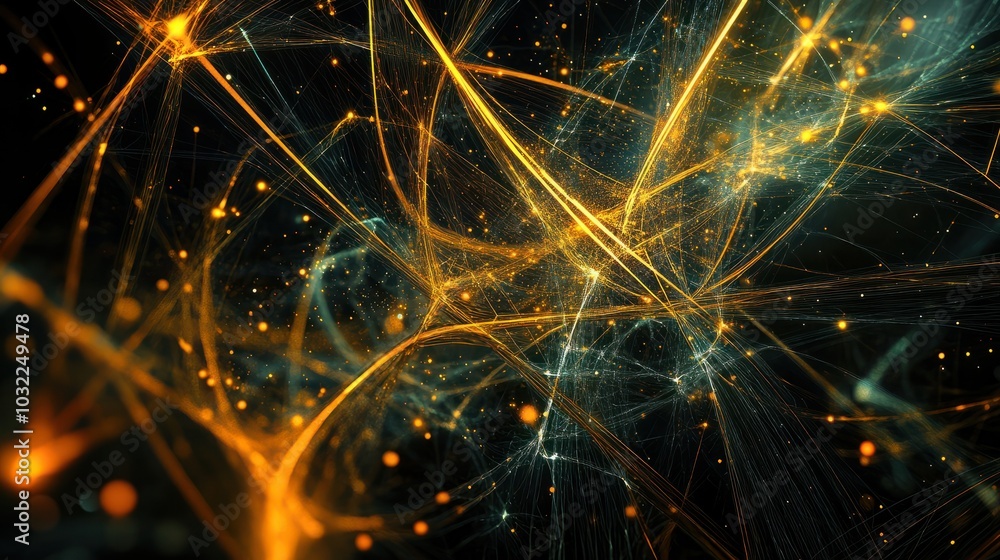Poster intricate lines and dots creating a glowing abstract network on a dark background, symbolizing conne