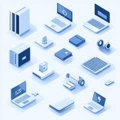 Isometric icon set featuring computers, laptops, and technology equipment in white and blue colors, ideal for creative banners, computer services, tech repair, and cloud storage solutions.