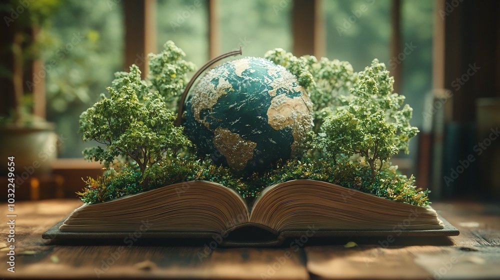 Poster imaginative 3d rendering for world book day showcasing a beautifully detailed book with a globe at i