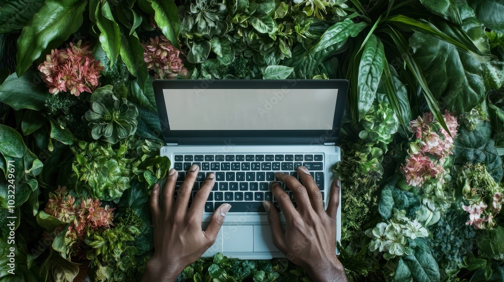 Poster man's hands typing on laptop computer in a room with indoor green flowers. white blank mock up empty