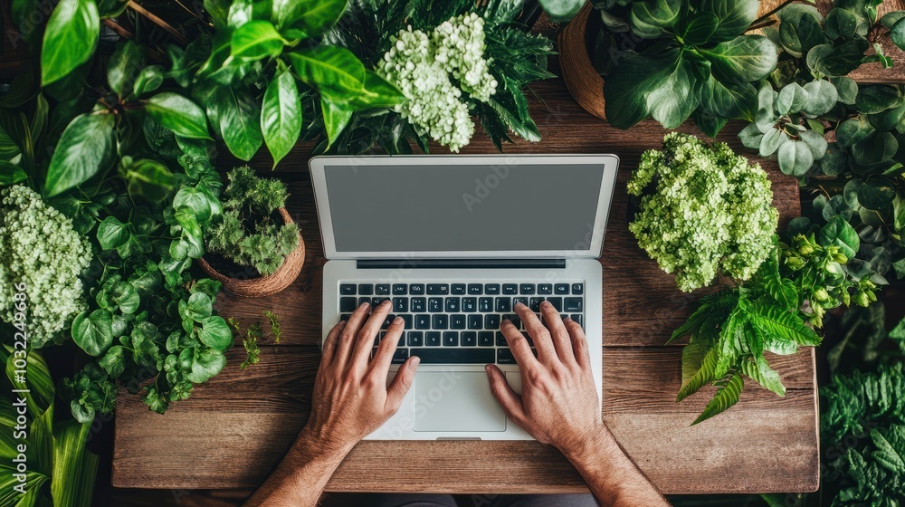 Poster man's hands typing on laptop computer in a room with indoor green flowers. white blank mock up empty