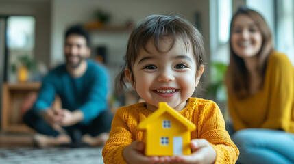 Smiling Child Holding a Toy House with Parents in the Background