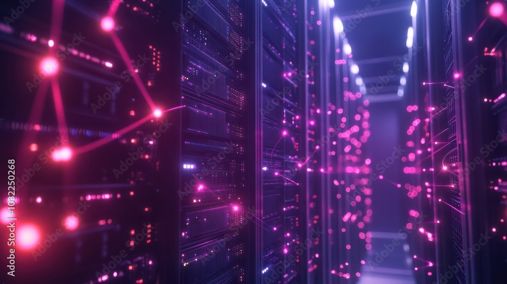 Poster network connections glowing between server racks in data center