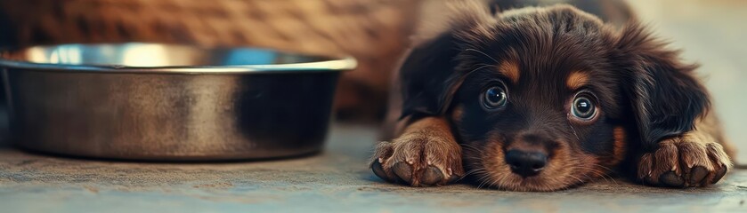 Puppy lying down with its head resting on its paws, watching its food bowl with wide eyes, dog meal anticipation, moment of hope and patience