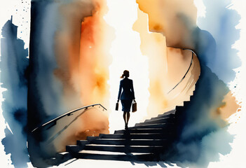 Watercolor drawing, silhouette of a woman climbing up the stairs symbol of the path to success, the realization of plans